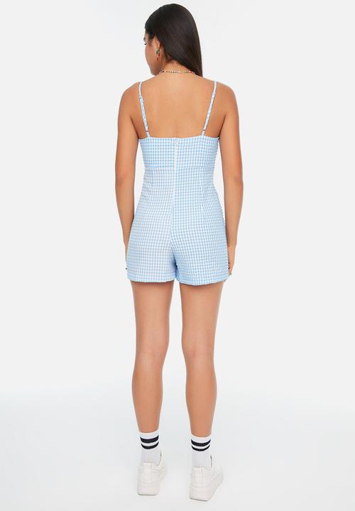 Trendyol - Plaid v-neck short jumpsuit - blue