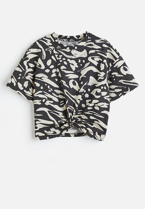 H&M - Tie-hem T-shirt - dark grey patterned