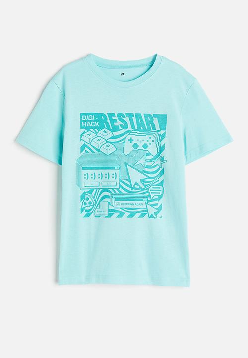 H&M - Printed cotton T-shirt - light turquoise gaming