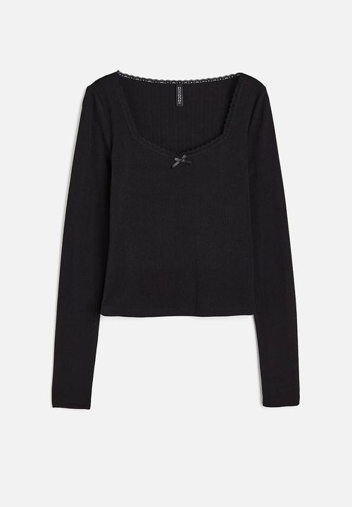 H&M - Lace-trimmed pointelle jersey top - black