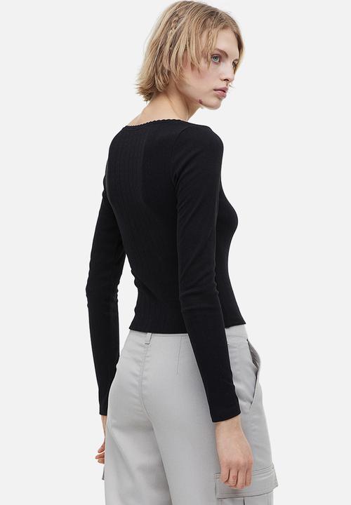 H&M - Lace-trimmed pointelle jersey top - black