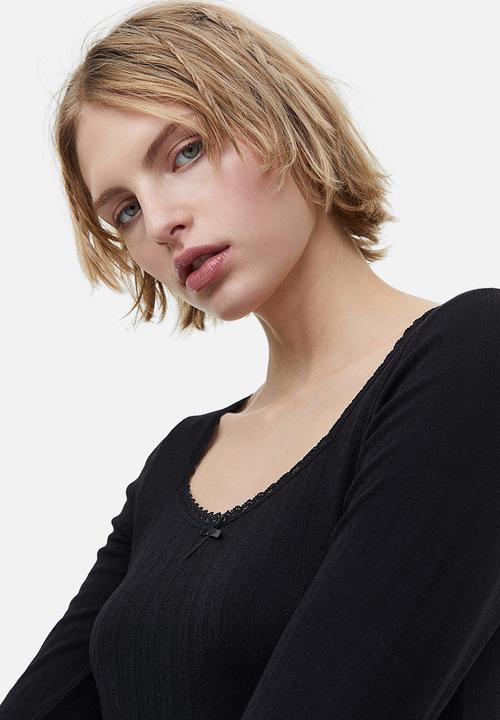 H&M - Lace-trimmed pointelle jersey top - black