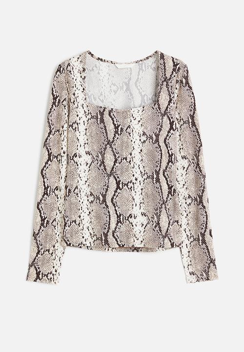H&M - Long-sleeved jersey top - beige snakeskin patterned 
