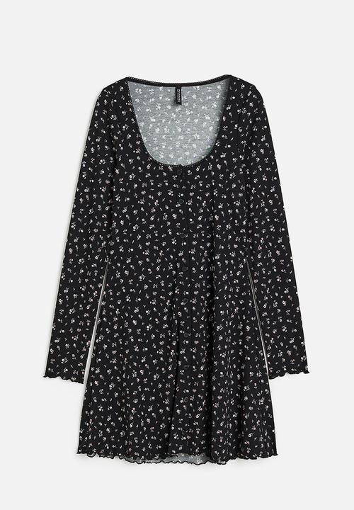 H&M - Lace-trimmed ribbed dress - black small flowers