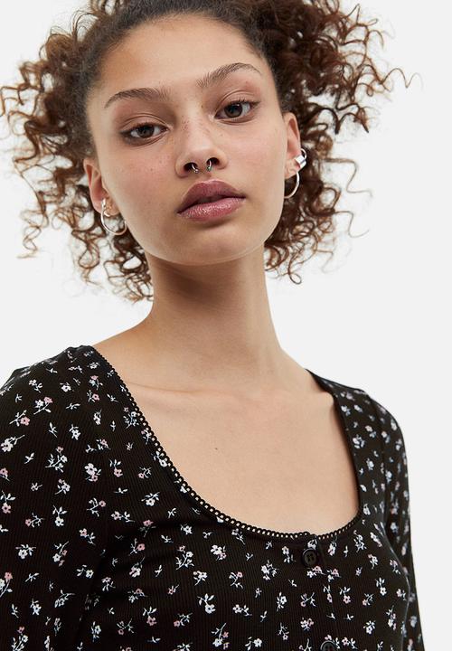 H&M - Lace-trimmed ribbed dress - black small flowers