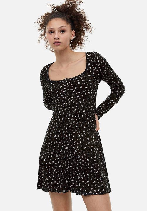 H&M - Lace-trimmed ribbed dress - black small flowers