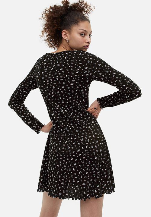 H&M - Lace-trimmed ribbed dress - black small flowers