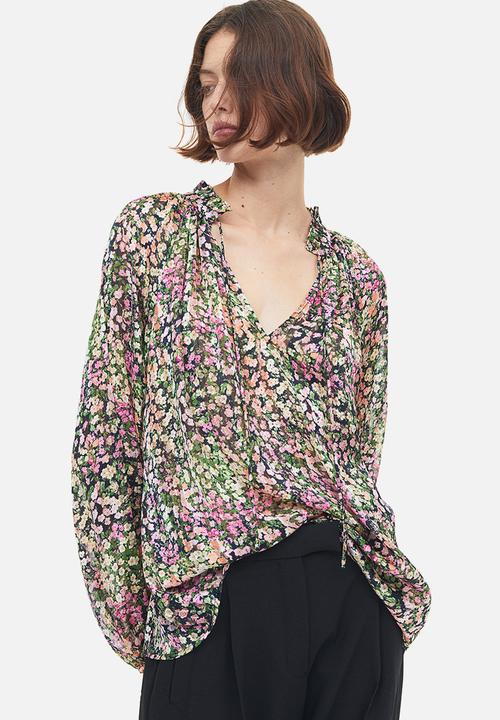 H&M - Frill-trimmed crêpe blouse - black/floral