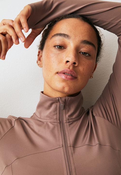 H&M - Softmove™ zip-through sports top - dark beige 