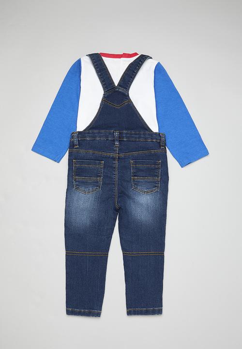 MINOTI - 2 Pack washed dungaree & long sleeve top set - blue