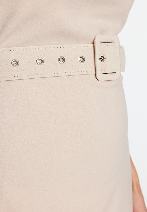 Trendyol - Mini belted waist bodycon dress - beige