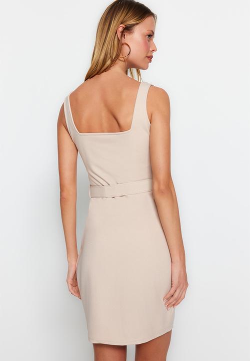 Trendyol - Mini belted waist bodycon dress - beige