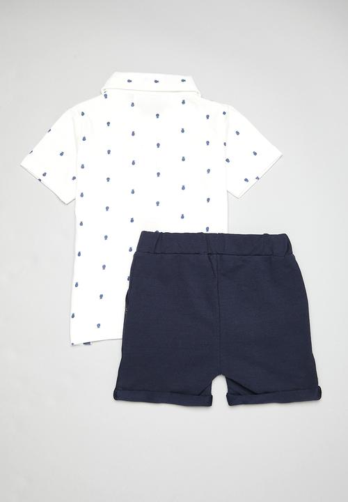 MINOTI - 2 Pack aop jersey polo top & denim short set - blue & white