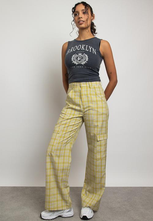 Daisy Street - Check cargo trouser - white & yellow check