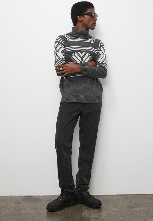 Superbalist - Regular fit geo pattern turtleneck - charcoal & white