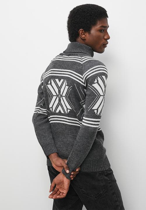 Superbalist - Regular fit geo pattern turtleneck - charcoal & white