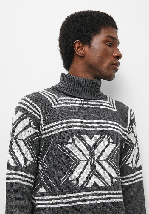 Superbalist - Regular fit geo pattern turtleneck - charcoal & white