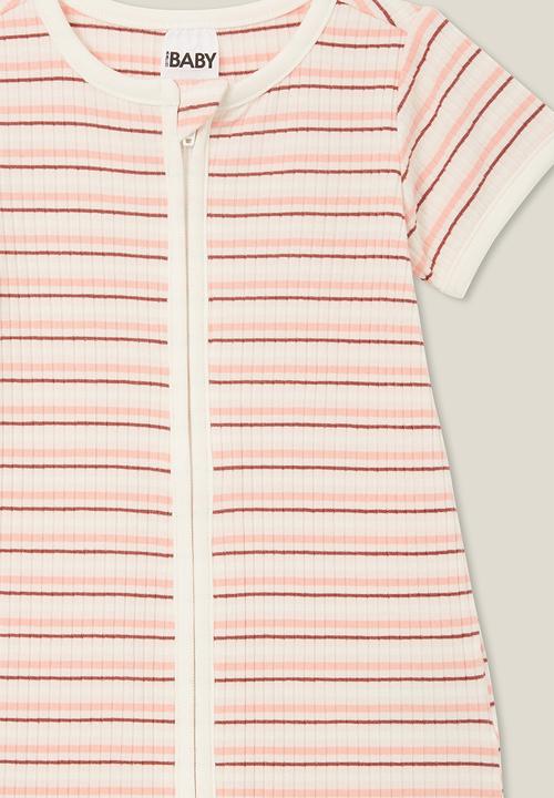 Cotton On - The short sleeve zip romper - rib coral dreams stripe