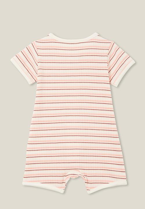 Cotton On - The short sleeve zip romper - rib coral dreams stripe