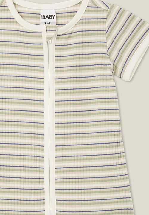 Cotton On - The short sleeve zip romper - rib deep sage stripe