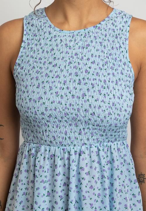 Daisy Street - Shirred sleeveless smock dress - blue ditsy