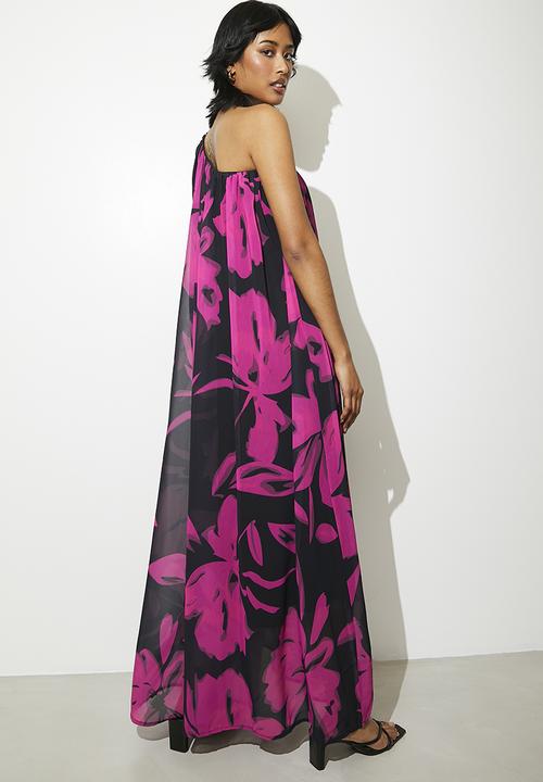 VELVET - Statement asymmetric maxi kaftan dress - black & pink