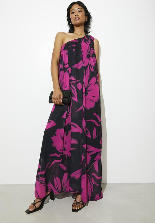 VELVET - Statement asymmetric maxi kaftan dress - black & pink
