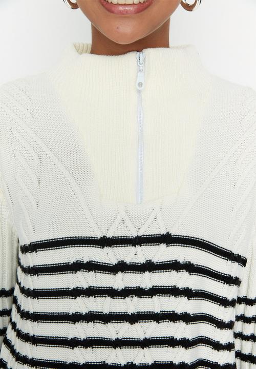 Trendyol - Oversized striped zip sweater - ecru