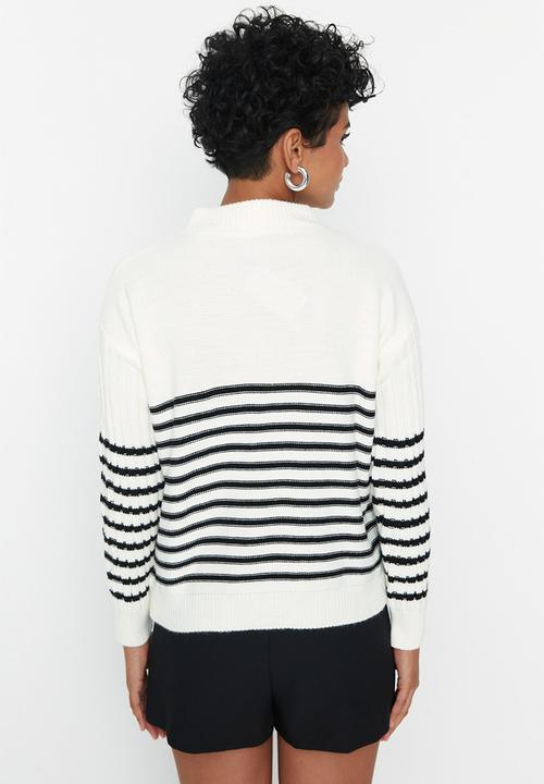 Trendyol - Oversized striped zip sweater - ecru