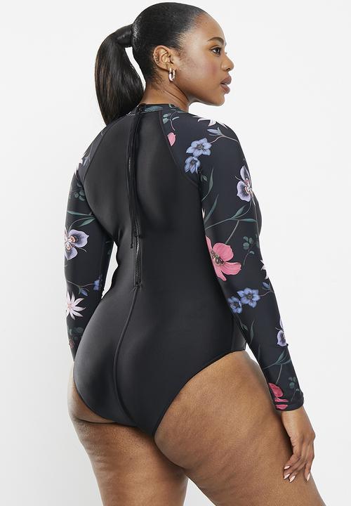 Lizzy - Plus Kyllini Long sleeve full body rashie swimsuit - Dark Indigenous Floral