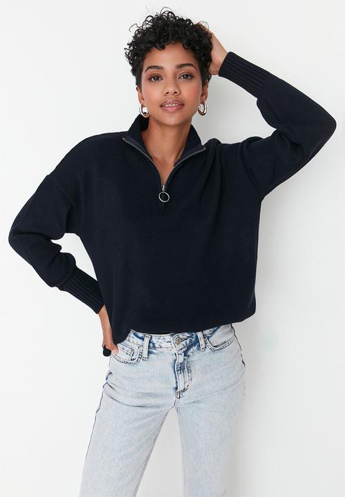 Trendyol - Long sleeve zip knit sweater - navy