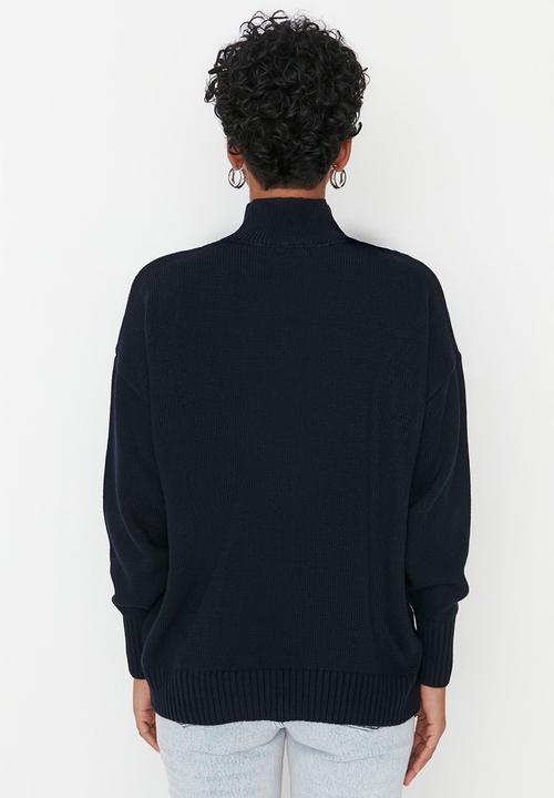 Trendyol - Long sleeve zip knit sweater - navy