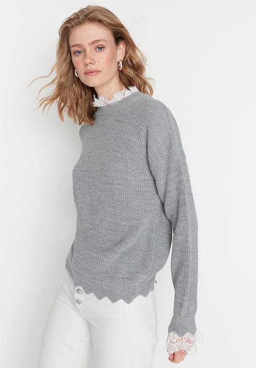 Trendyol - Lace ruffle detailed sweater - gray
