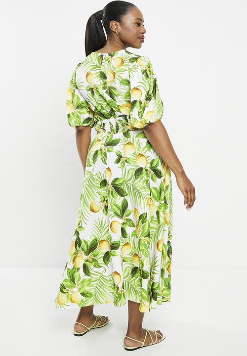 Me&B - Shirred waist & shoulder round neck dress - lemon print