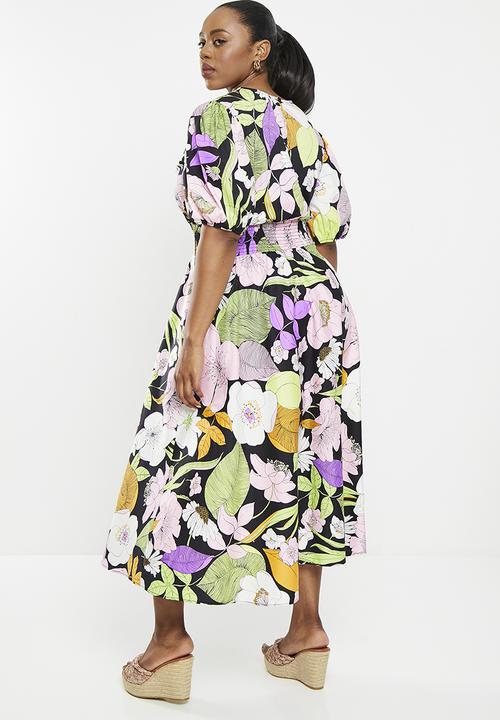 Me&B - Plus the sophia shirred bodice midi dress - midnight bloom