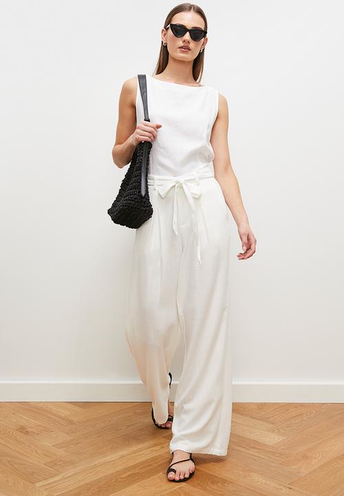 edit - Linen blend wide leg with self fabric belt - ecru