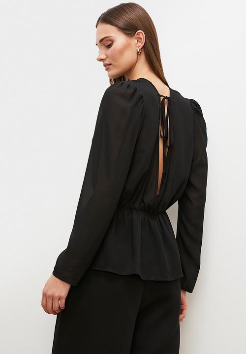 edit - Open back boat neck blouse - black