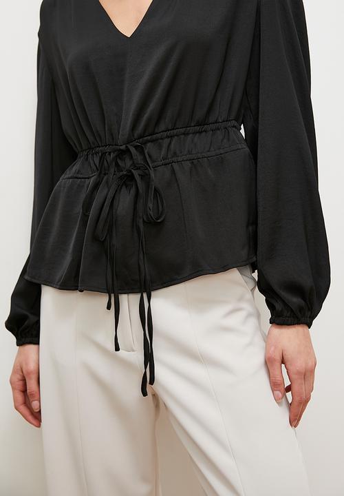 edit - Satin gathered v-neck shell - black