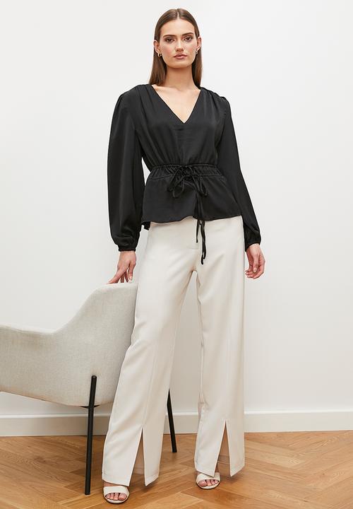 edit - Satin gathered v-neck shell - black