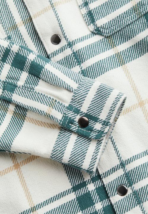 H&M - Oversized flannel shacket - dark green & light beige