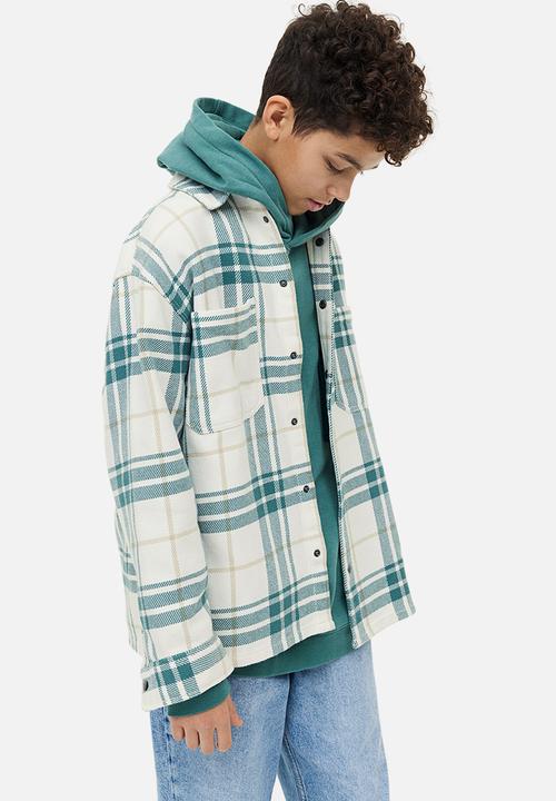 H&M - Oversized flannel shacket - dark green & light beige
