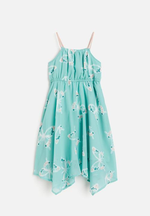 H&M - Asymmetric chiffon dress - light turquoise butterflies 