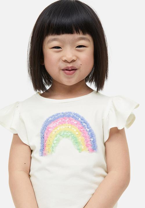 H&M - Motif-detail flutter-sleeved top - white & rainbow