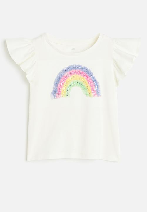 H&M - Motif-detail flutter-sleeved top - white & rainbow