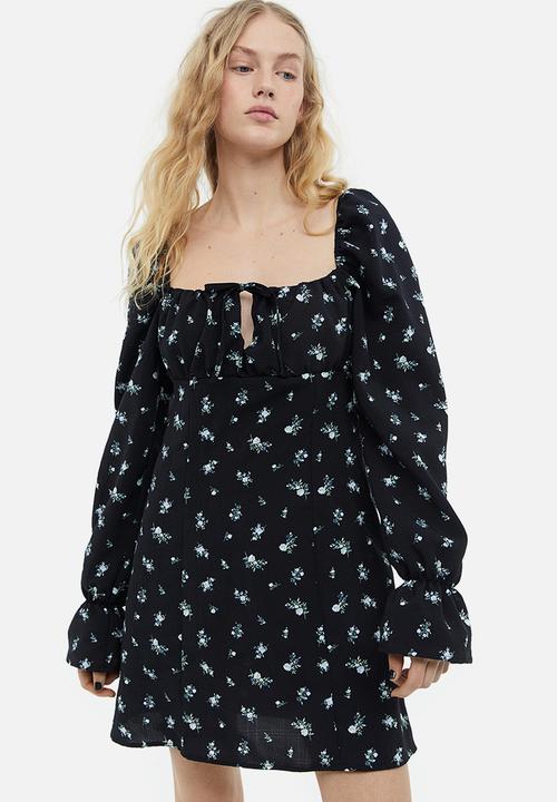 H&M - Puff-sleeved crêpe dress - black small flowers 