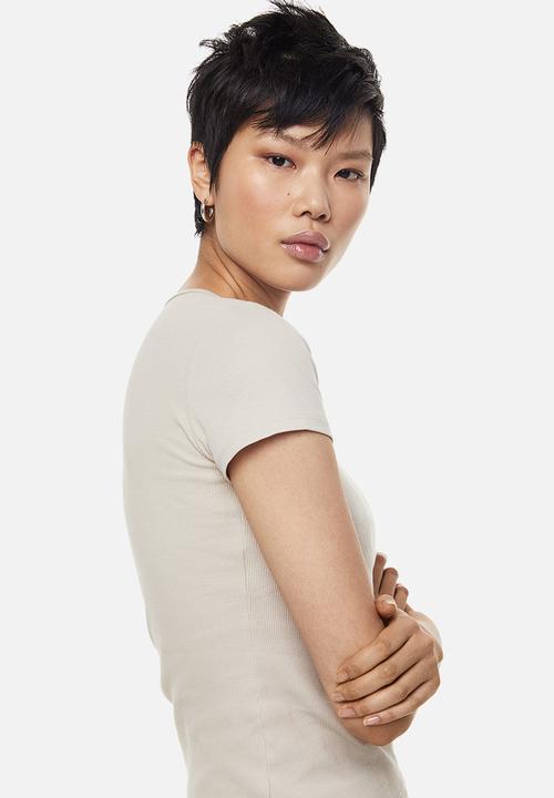 H&M - Ribbed T-shirt - light beige