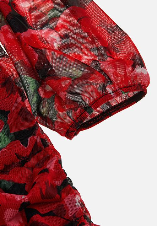 H&M - Gathered mesh dress - red floral 