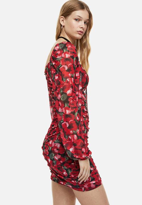 H&M - Gathered mesh dress - red floral 