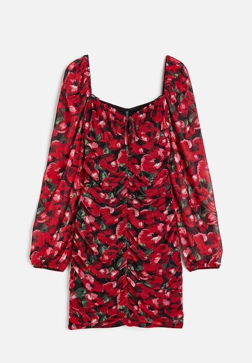 H&M - Gathered mesh dress - red floral 