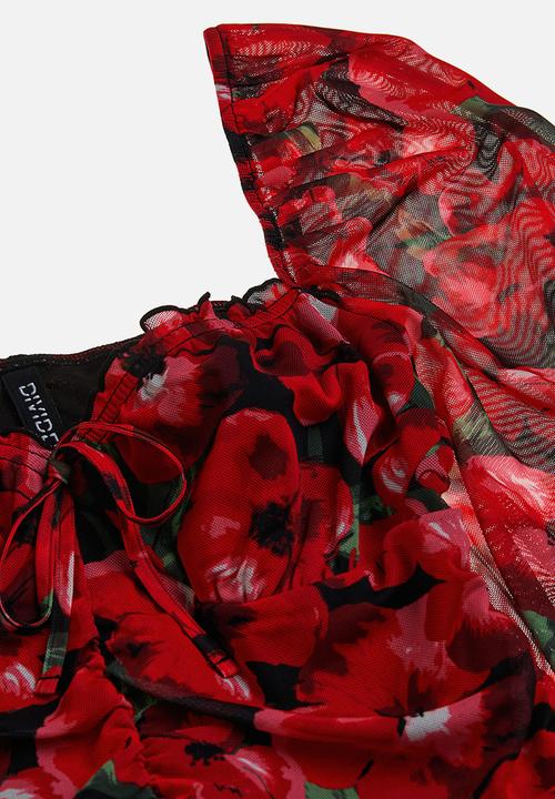 H&M - Gathered mesh dress - red floral 